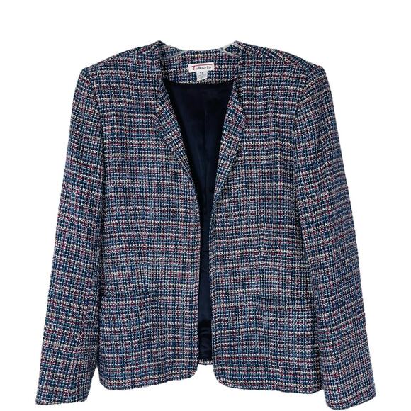 Vintage Talbots red white blue silk tweed open preppy office blazer jacket 14 - Picture 1 of 8